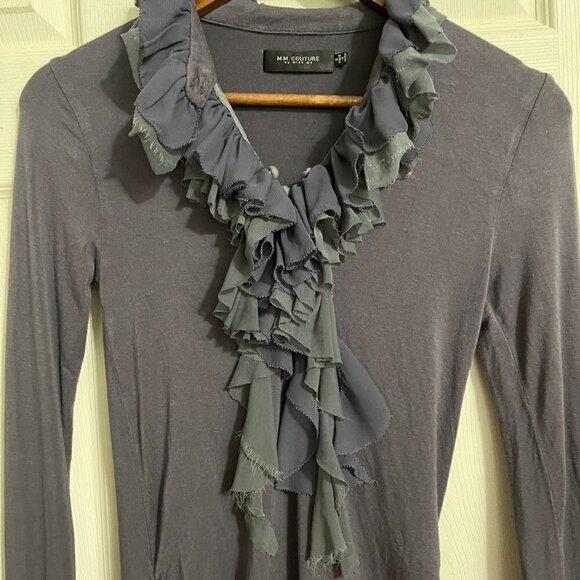 MM Couture By Miss Me Women's Gray Ruffle Button Ruched Long Sleeve Blouse Small - Picture 4 of 8